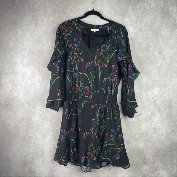 Parker Ruffle Long Sleeve Smocked Waist Midnight Tulip Floral Dress Size M - Picture 1 of 7